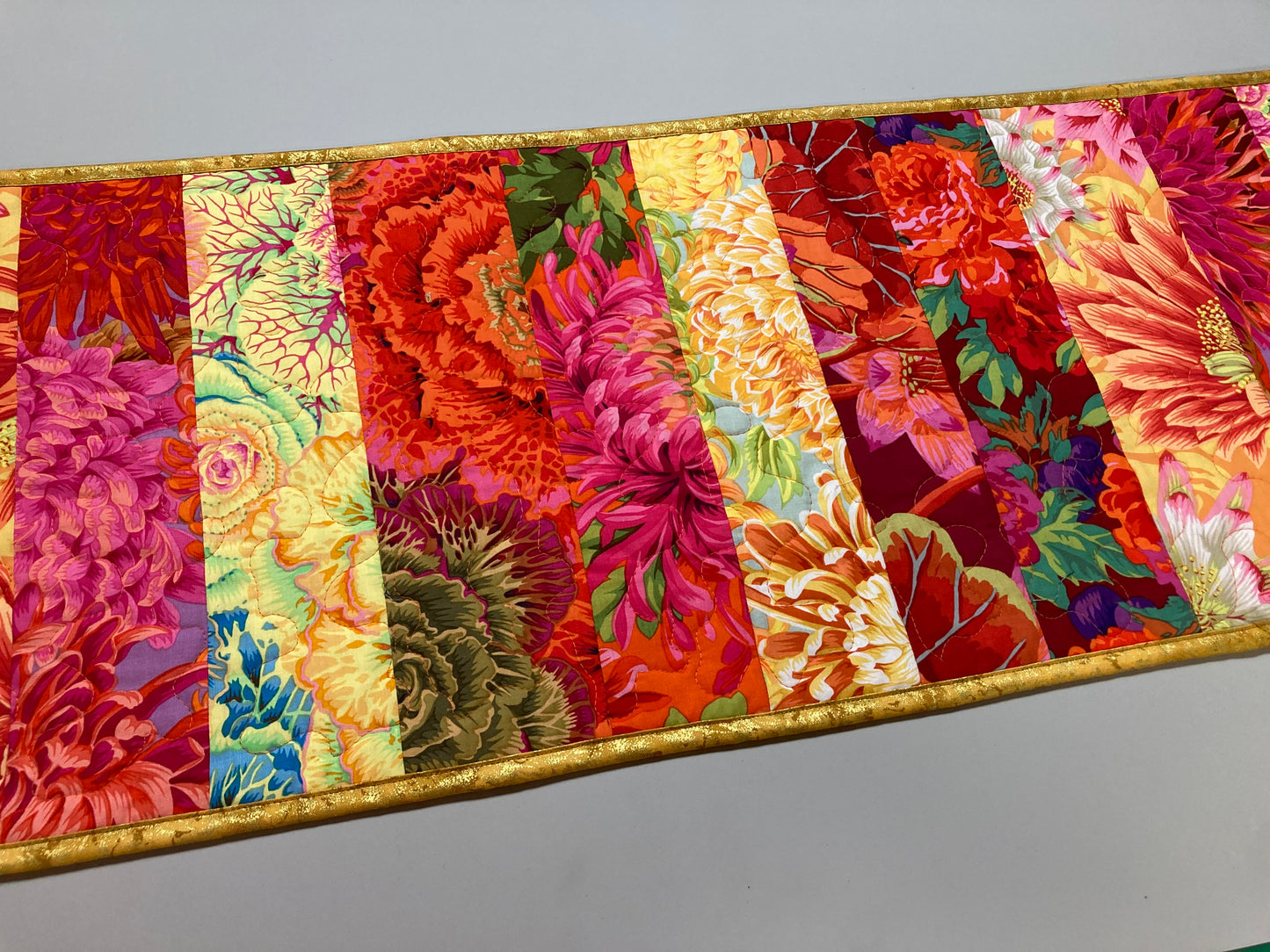 Kaffe Fassett Bright Yellow Pink Orange Red Quilted Table Runner Summer Decor, Reversible 13x56”, Dining Room Coffee Table Dresser Scarf