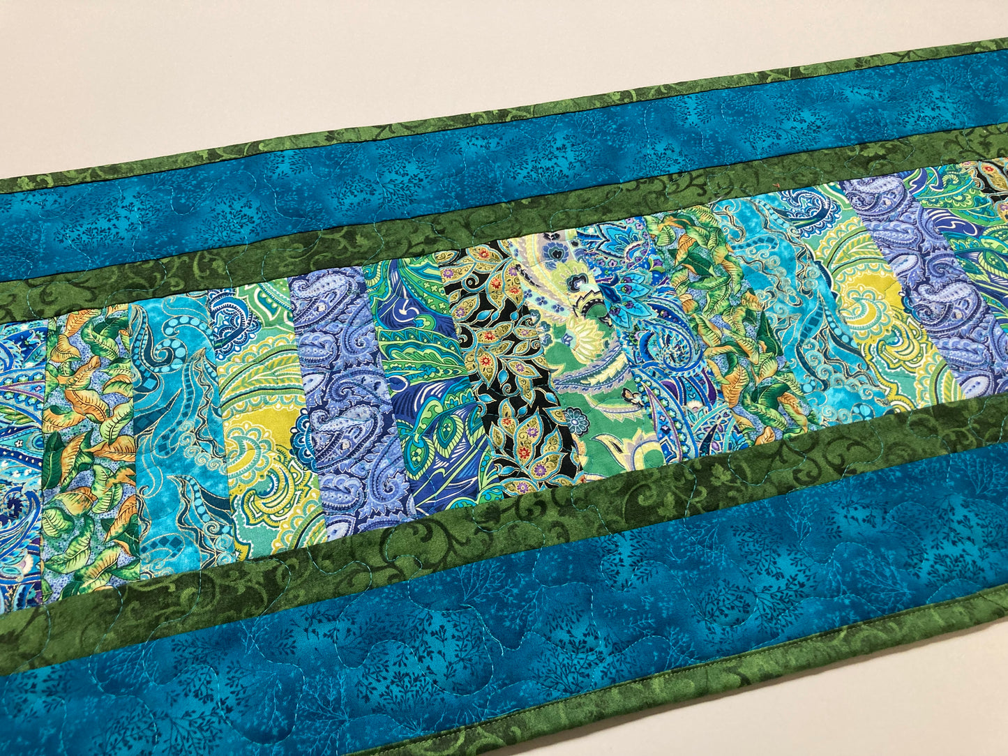 Quilted Table Runner, Blue Green Ocean Seaside Inspired 13x57" Reversible Washable, Dining Coffee Table Dresser, Everyday Handmade Abstract