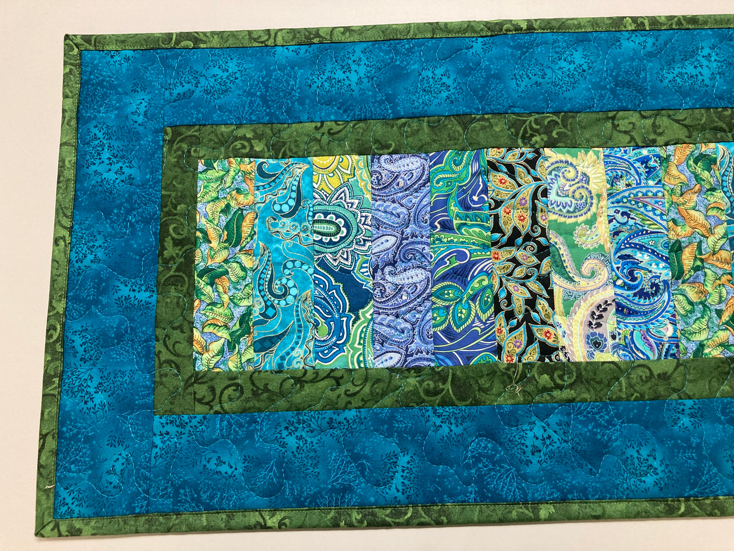 Quilted Table Runner, Blue Green Ocean Seaside Inspired 13x57" Reversible Washable, Dining Coffee Table Dresser, Everyday Handmade Abstract