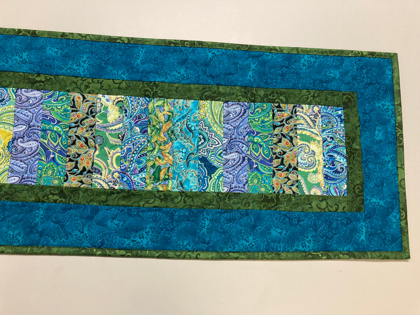 Quilted Table Runner, Blue Green Ocean Seaside Inspired 13x57" Reversible Washable, Dining Coffee Table Dresser, Everyday Handmade Abstract