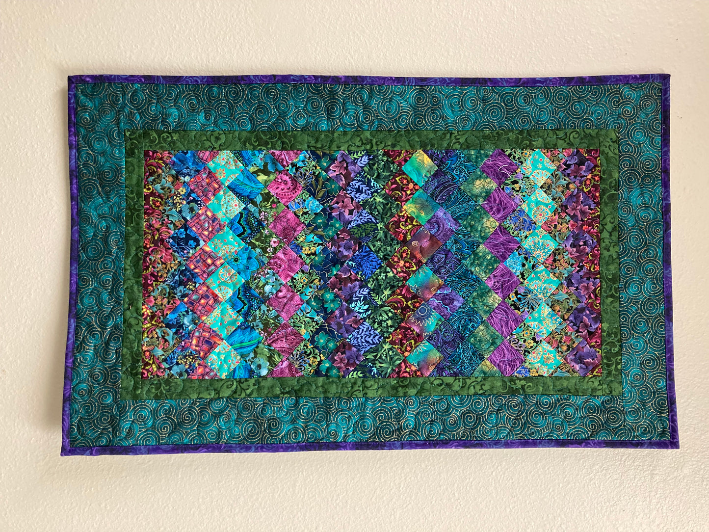 Art Quilt, Turquoise Purple Blue Boho Fabric Wall Hanging, Quilted Tapestry 20x32" Table Runner, Vertical Long Wall Artwork Colorful