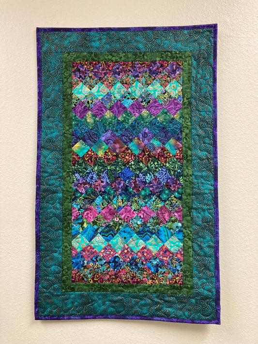 Art Quilt, Turquoise Purple Blue Boho Fabric Wall Hanging, Quilted Tapestry 20x32" Table Runner, Vertical Long Wall Artwork Colorful