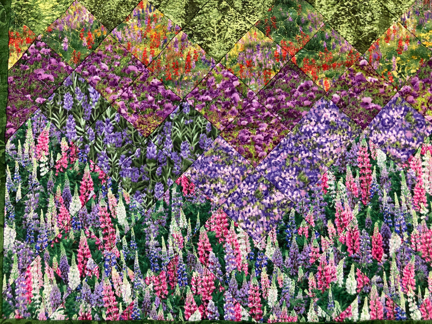 Tahoe Lupine Lilac Flowers Lake Mountain Art Quilt Fabric Wall Hanging, Quilted Landscape Textile Art 20x21" Tapestry, Sunset Pine Trees