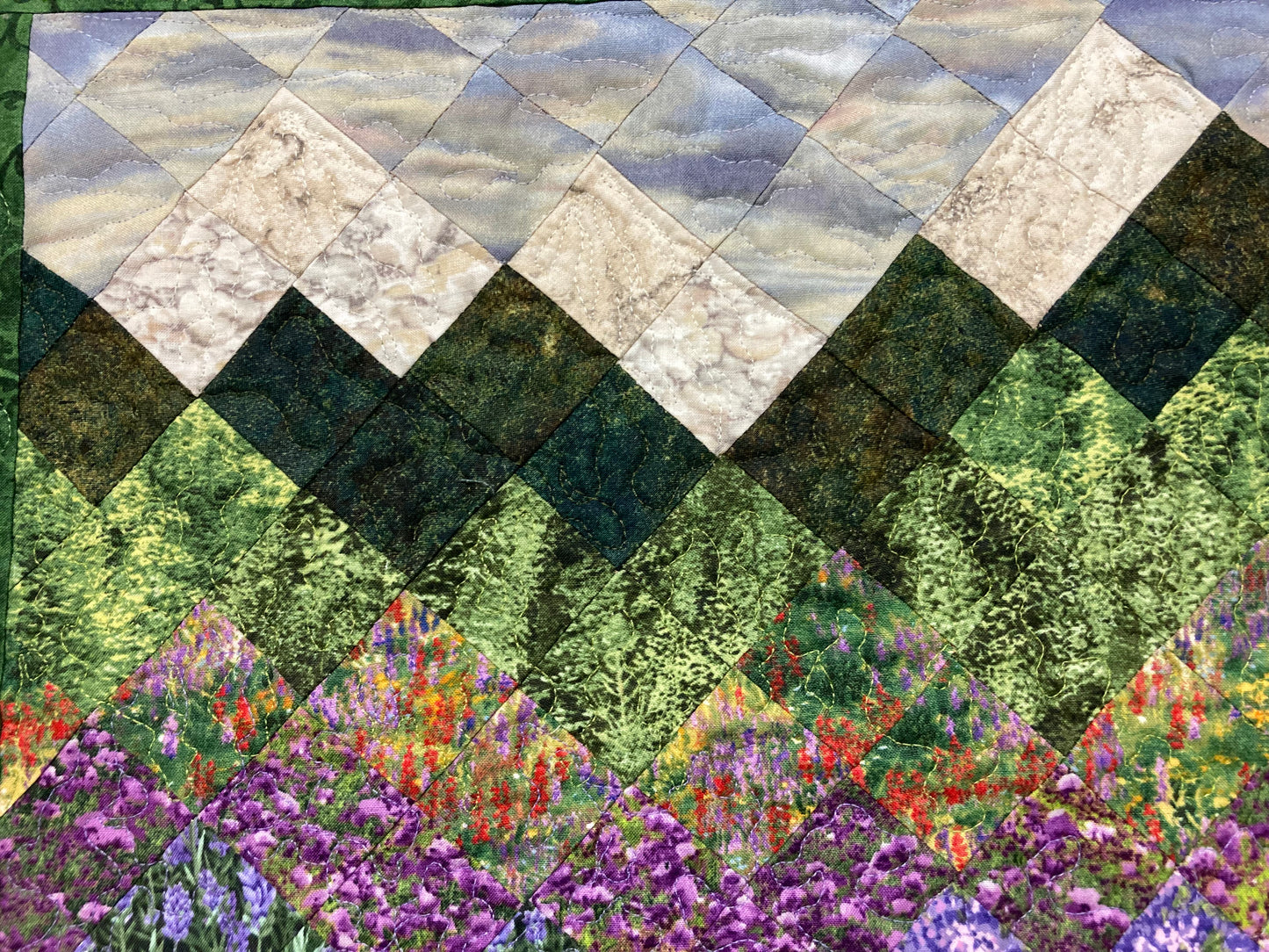 Tahoe Lupine Lilac Flowers Lake Mountain Art Quilt Fabric Wall Hanging, Quilted Landscape Textile Art 20x21" Tapestry, Sunset Pine Trees