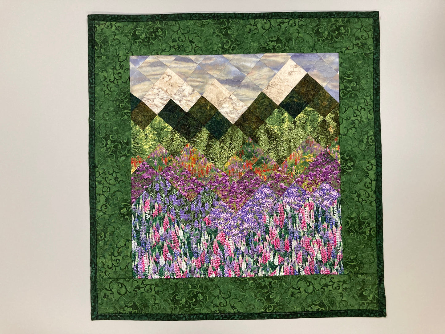 Tahoe Lupine Lilac Flowers Lake Mountain Art Quilt Fabric Wall Hanging, Quilted Landscape Textile Art 20x21" Tapestry, Sunset Pine Trees