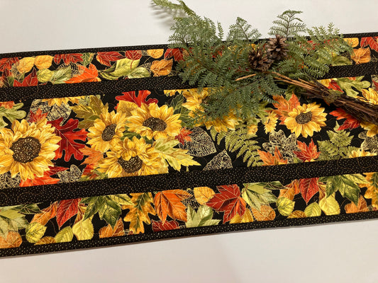 Fall Sunflowers Autumn Leaves Quilted Table Runner, 13x48" Reversible Leaves, Woodland Forest Orange Red Green Dining Coffee End Table