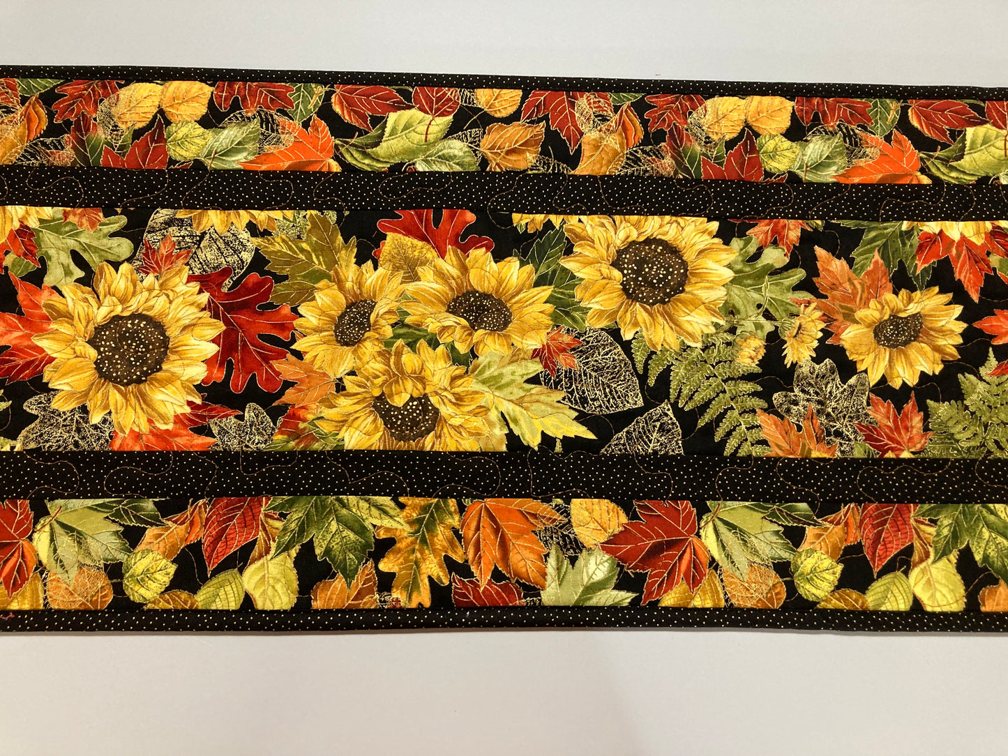 Fall Sunflowers Autumn Leaves Quilted Table Runner, 13x48" Reversible Leaves, Woodland Forest Orange Red Green Dining Coffee End Table