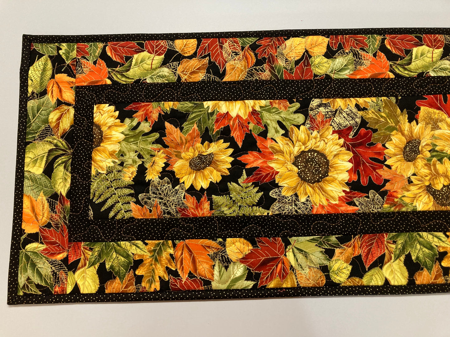 Fall Sunflowers Autumn Leaves Quilted Table Runner, 13x48" Reversible Leaves, Woodland Forest Orange Red Green Dining Coffee End Table