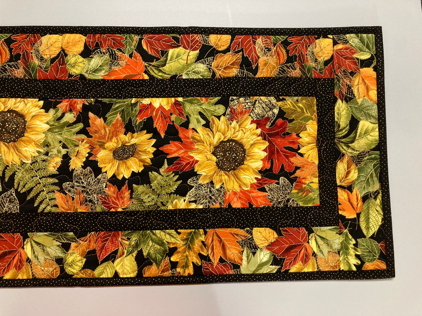 Fall Sunflowers Autumn Leaves Quilted Table Runner, 13x48" Reversible Leaves, Woodland Forest Orange Red Green Dining Coffee End Table