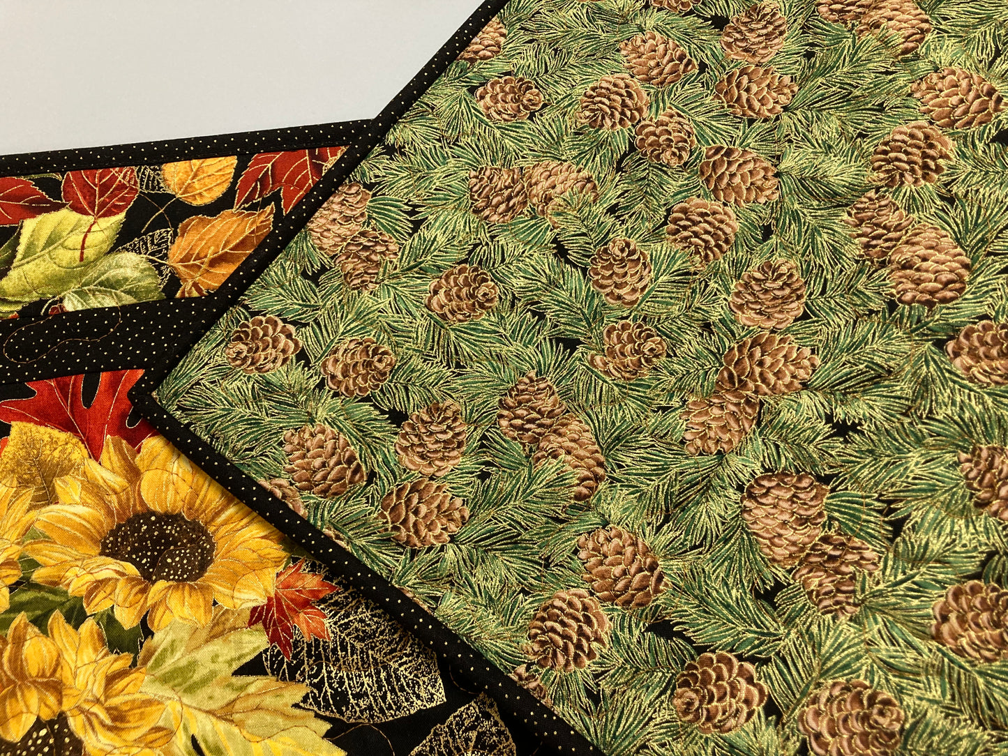 Fall Sunflowers Autumn Leaves Quilted Table Runner, 13x48" Reversible Leaves, Woodland Forest Orange Red Green Dining Coffee End Table