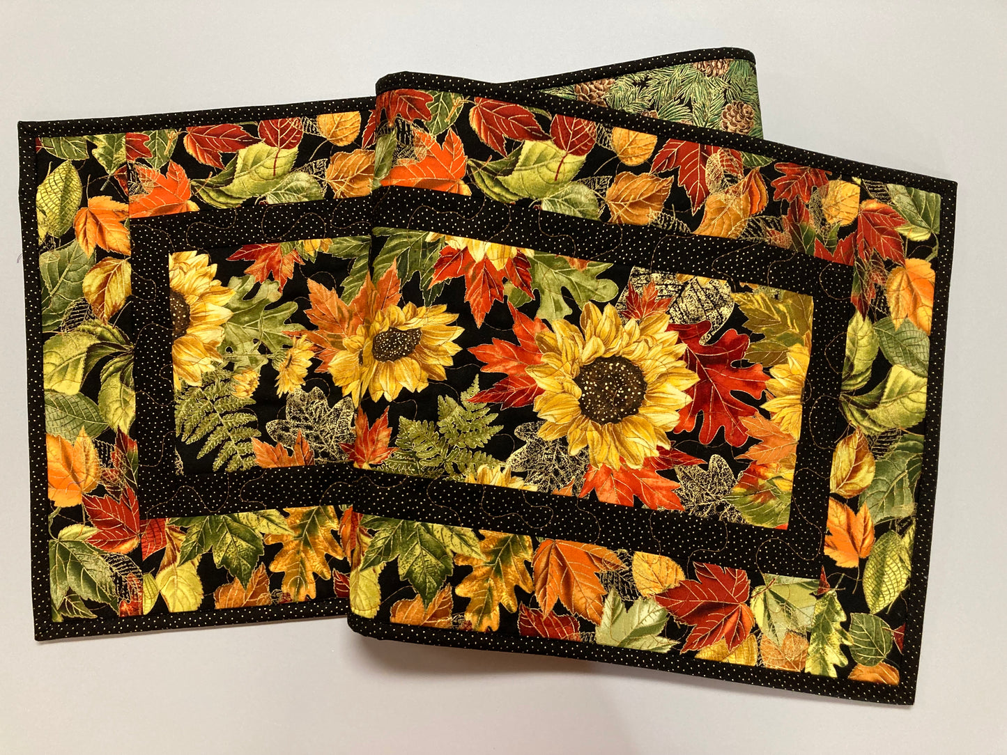 Fall Sunflowers Autumn Leaves Quilted Table Runner, 13x48" Reversible Leaves, Woodland Forest Orange Red Green Dining Coffee End Table