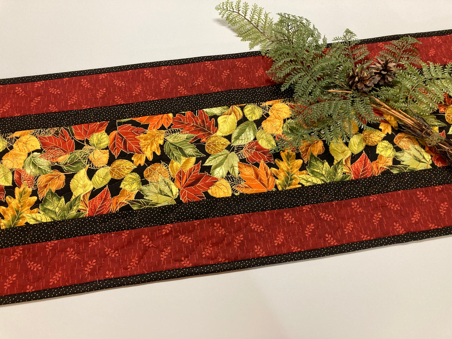 Quilted Fall Leaves Dining Table Runner, 13x48" Reversible Holiday Winter, Autumn Rust Gold Red Coffee End Table, Earth Tones Thanksgiving