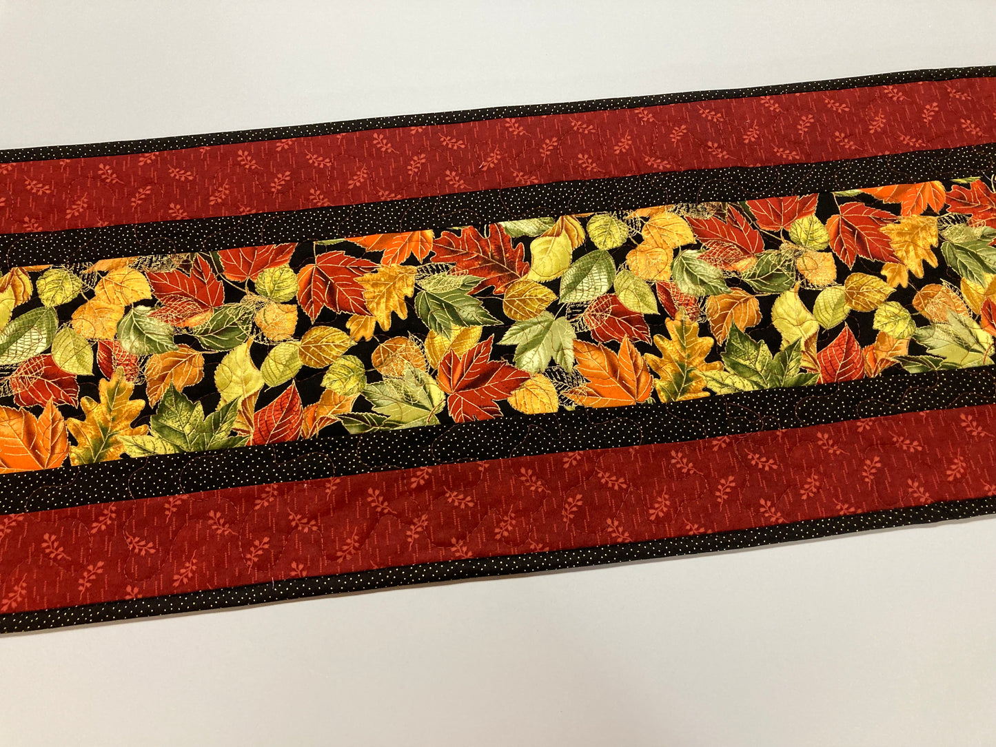 Quilted Fall Leaves Dining Table Runner, 13x48" Reversible Holiday Winter, Autumn Rust Gold Red Coffee End Table, Earth Tones Thanksgiving