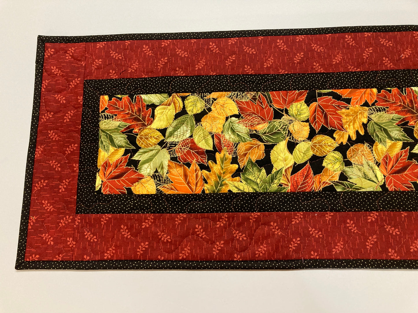 Quilted Fall Leaves Dining Table Runner, 13x48" Reversible Holiday Winter, Autumn Rust Gold Red Coffee End Table, Earth Tones Thanksgiving