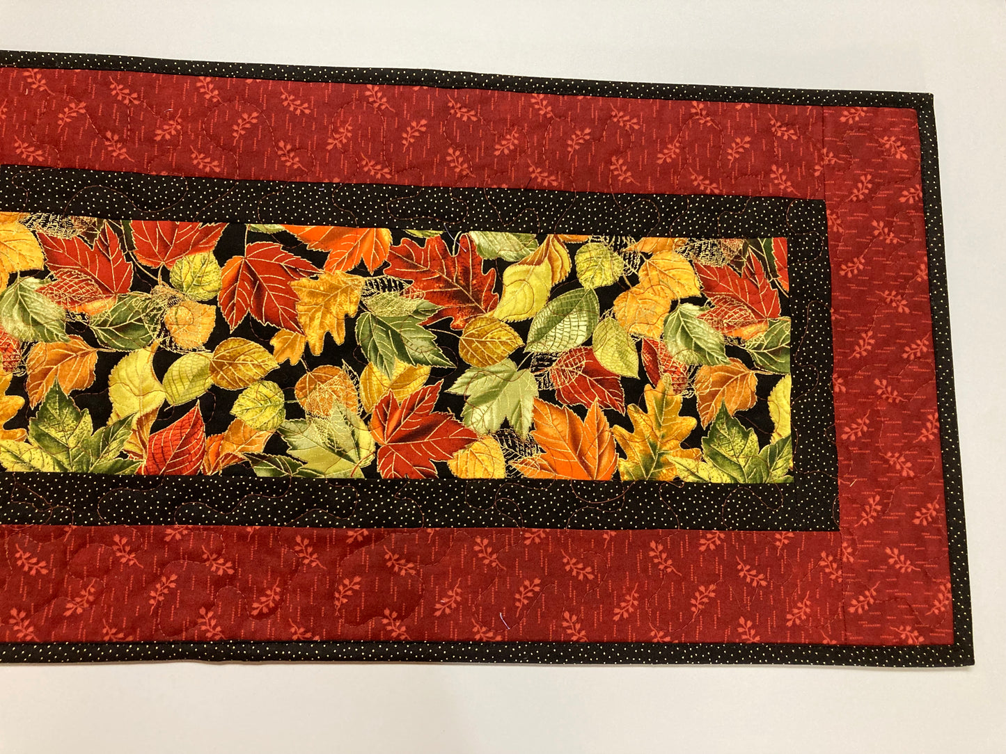 Quilted Fall Leaves Dining Table Runner, 13x48" Reversible Holiday Winter, Autumn Rust Gold Red Coffee End Table, Earth Tones Thanksgiving