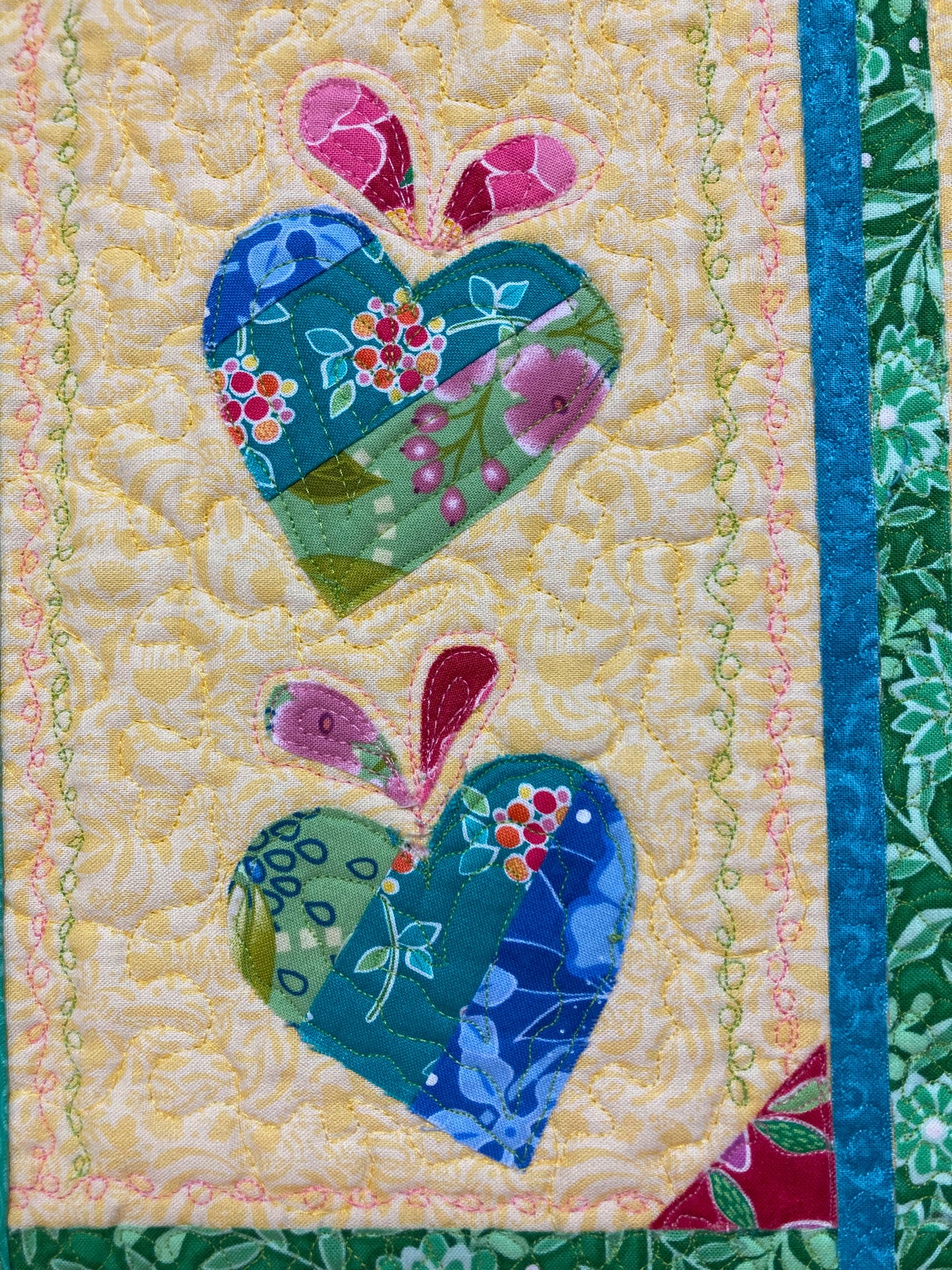 Shabby Chic Heart Abstract Fabric Wall Hanging, Textile Quilted  Artwork 13x15" Pastel Yellow Blue Pink, Baby Nursery Handmade Colorful