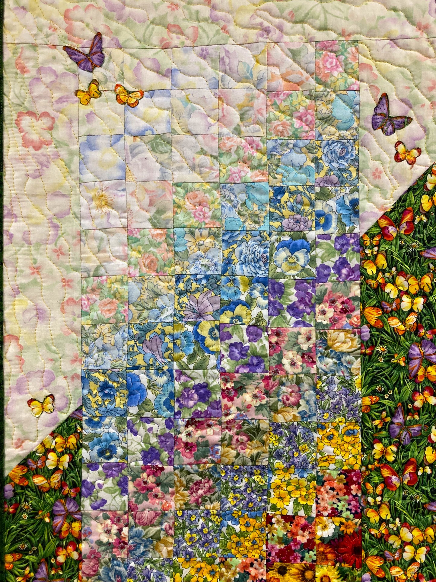 Art Quilt, Summer Flowers Sunny Garden Fabric Wall Hanging 15x37” Bedroom Living Room, Textile Watercolor Tapestry, Vertical Quilted