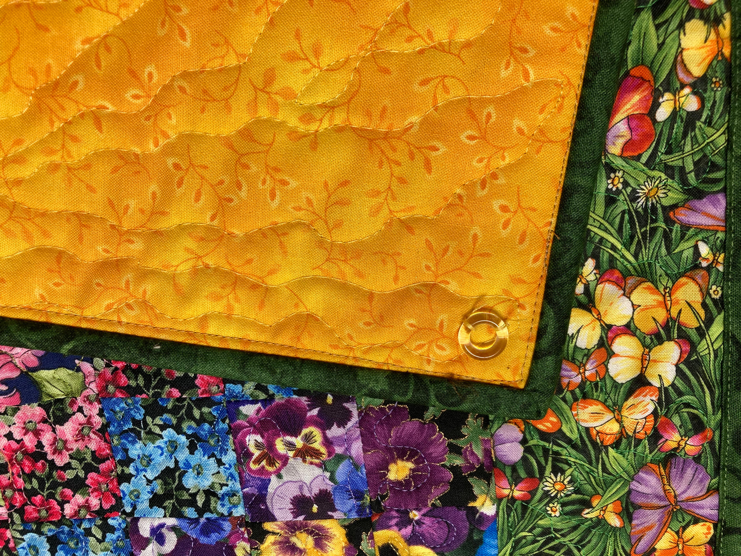 Art Quilt, Summer Flowers Sunny Garden Fabric Wall Hanging 15x37” Bedroom Living Room, Textile Watercolor Tapestry, Vertical Quilted