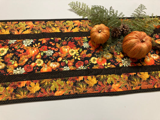 Pumpkins and Flowers Dining Table Runner, Fall Autumn Leaves Quilted Handmade, Reversible Sunflowers Summer Decor, 13x48" Thanksgiving