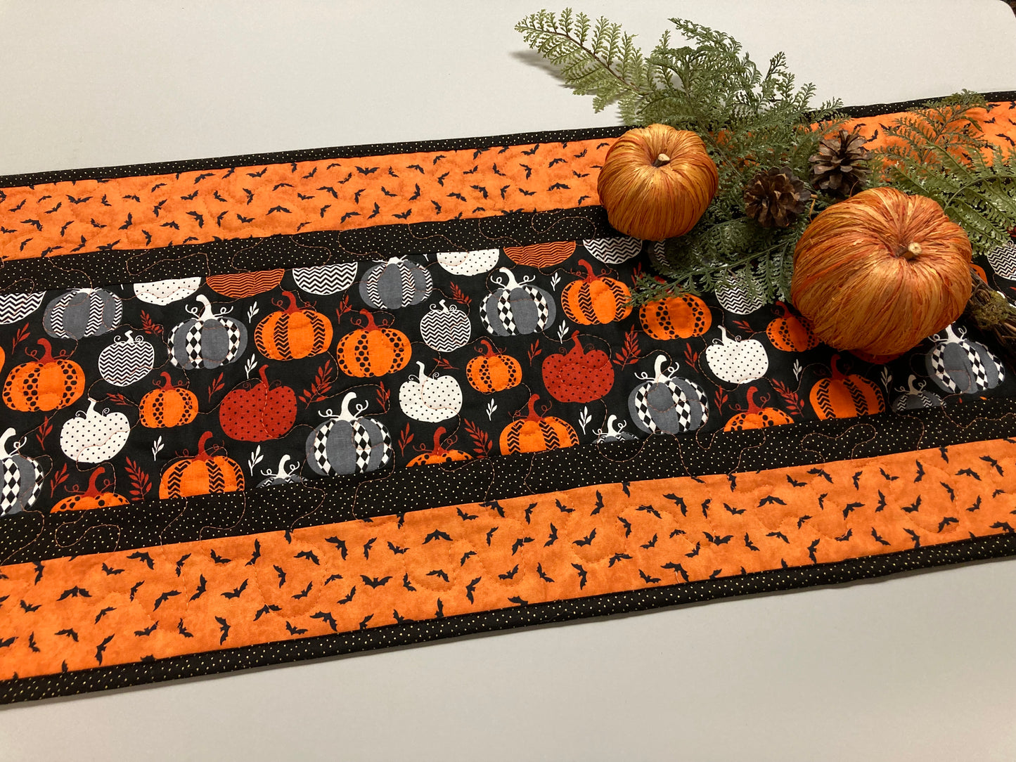 Halloween Pumpkin Quilted Table Runner, Reversible Fall Leaves 13x48" Coffee Dining Buffet, Scary Pumpkins Black Gray White Spooky Decor