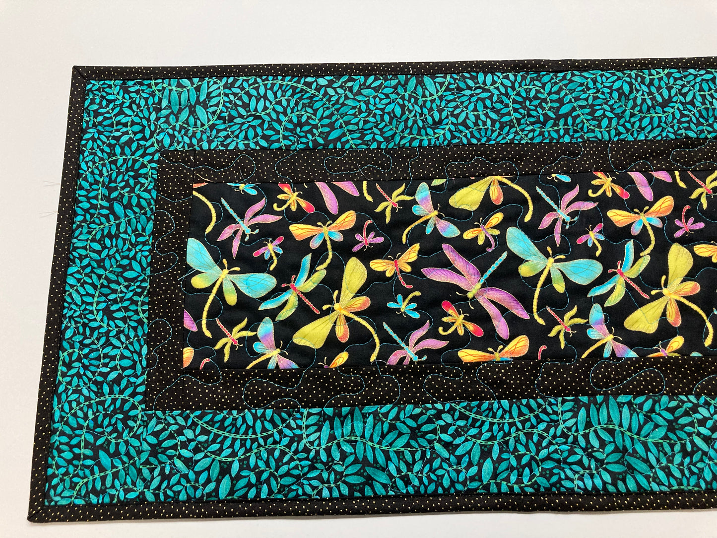 Dragonfly Quilted Table Runner, Jewel Tone Dragonflies, 13x48 inch Reversible, Dining Table Coffee Table Summer Runner Whimsical Everyday Mat