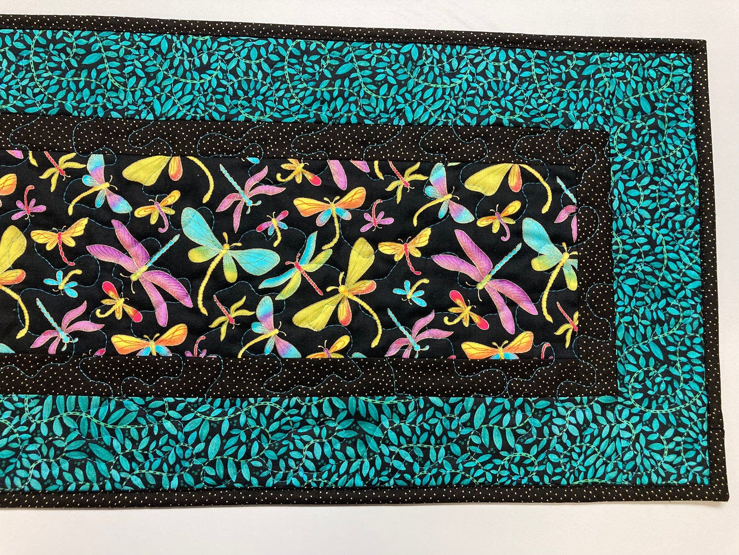 Dragonfly Quilted Table Runner, Jewel Tone Dragonflies, 13x48 inch Reversible, Dining Table Coffee Table Summer Runner Whimsical Everyday Mat