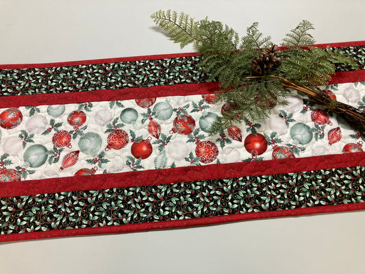 Red Silver Green Christmas Ornaments Quilted Dining Table Runner, 13x48", Winter Holiday Coffee End Table, Dresser Scarf Reversible Handmade