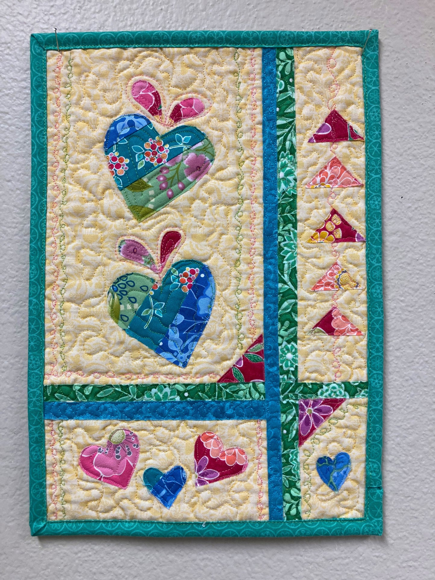 Shabby Chic Heart Abstract Fabric Wall Hanging, Textile Quilted  Artwork 13x15" Pastel Yellow Blue Pink, Baby Nursery Handmade Colorful