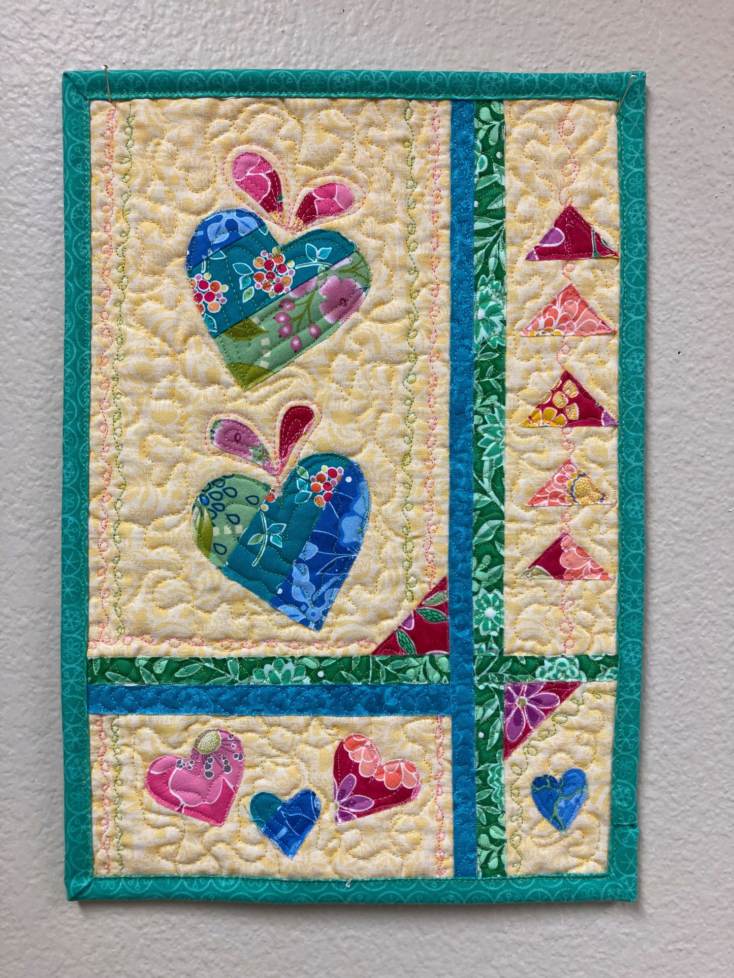 Shabby Chic Heart Abstract Fabric Wall Hanging, Textile Quilted  Artwork 13x15" Pastel Yellow Blue Pink, Baby Nursery Handmade Colorful