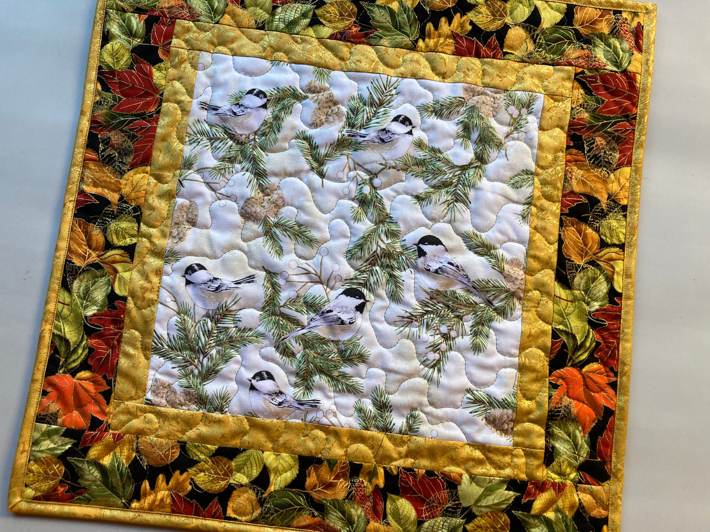 Fall Leaves Chickadee Bird Quilted Table Topper Large Square Table Mat 20x20" Reversible Coffee End Table Nightstand Fall Autumn Leaf Decor