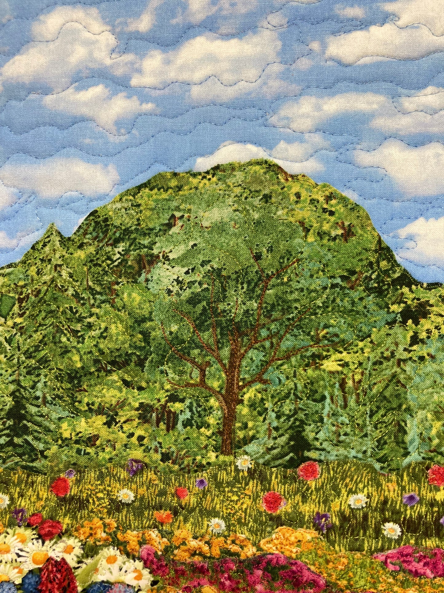 Summer Trees Meadow Flowers Landscape Art, Quilted Tapestry 14x19", Red Yellow Pink Small Vertical Fabric Wall Hanging