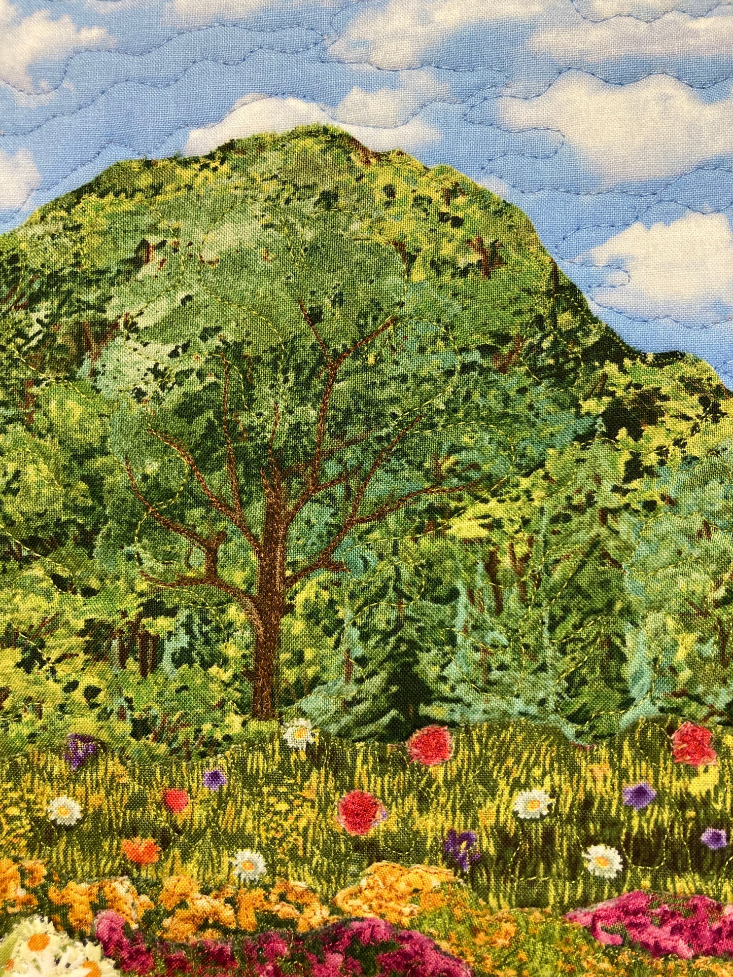 Summer Trees Meadow Flowers Landscape Art, Quilted Tapestry 14x19", Red Yellow Pink Small Vertical Fabric Wall Hanging