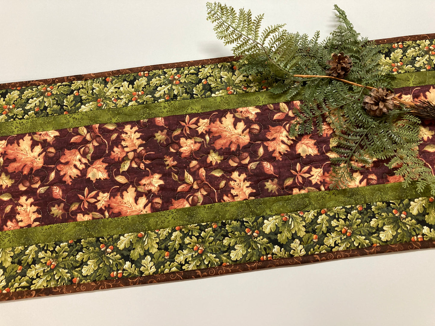 Fall Leaves and Acorns Leaves Quilted Dining Table Runner, Reversible Summer, Coffee End Table 13x48" Cabin Woods Burgundy Green Autumn Mat