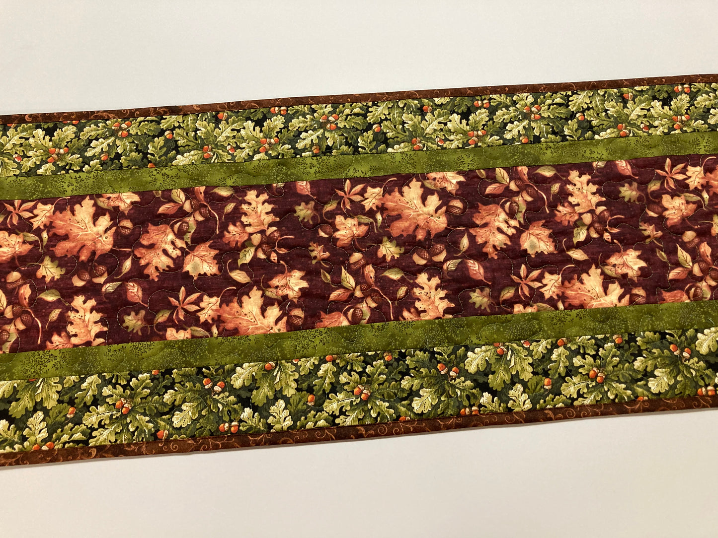 Fall Leaves and Acorns Leaves Quilted Dining Table Runner, Reversible Summer, Coffee End Table 13x48" Cabin Woods Burgundy Green Autumn Mat