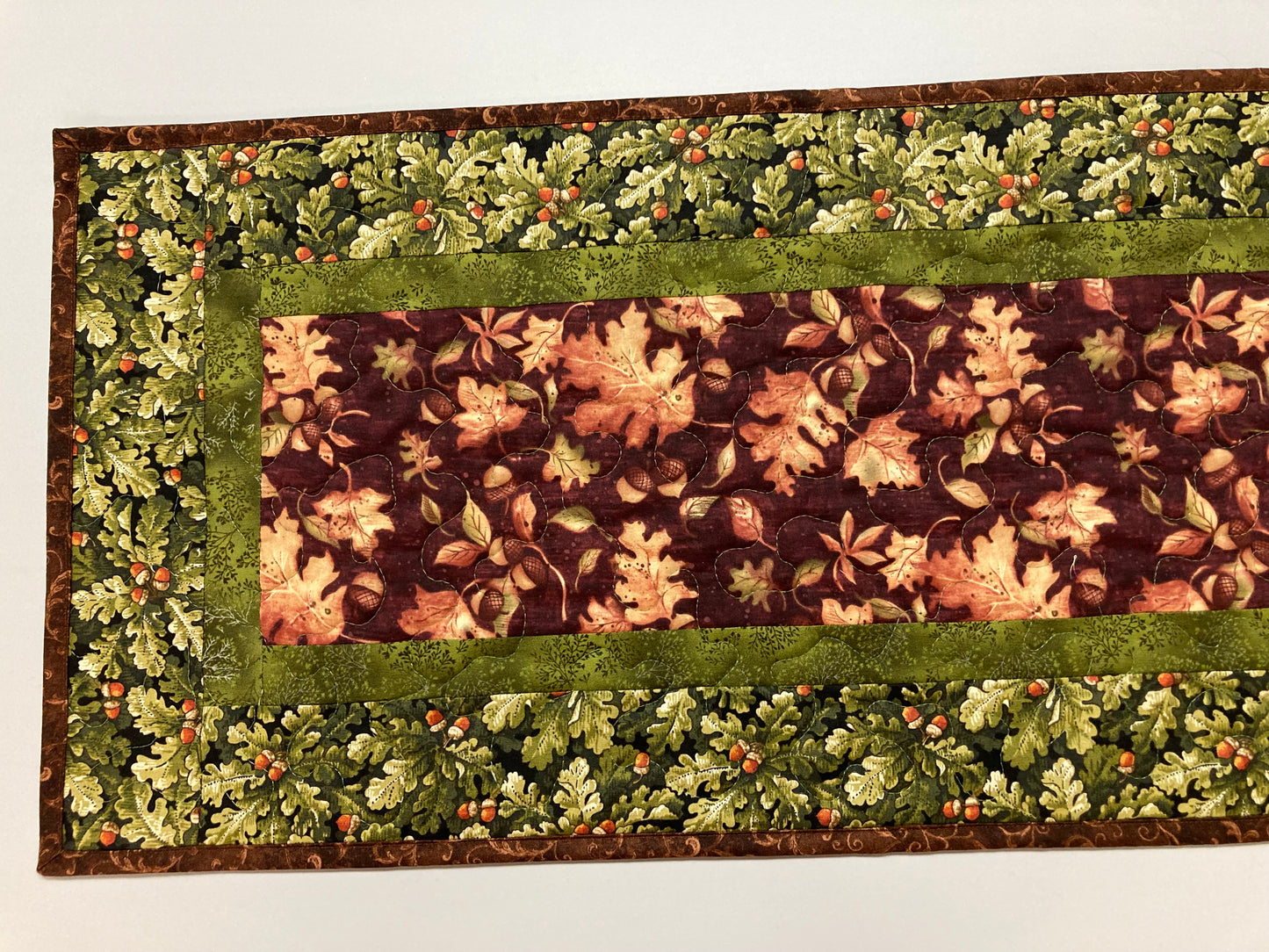 Fall Leaves and Acorns Leaves Quilted Dining Table Runner, Reversible Summer, Coffee End Table 13x48" Cabin Woods Burgundy Green Autumn Mat