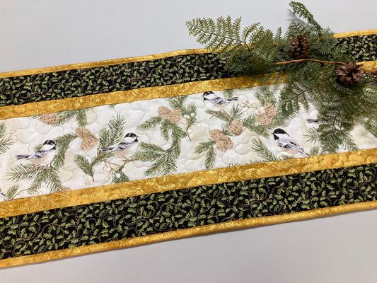 Pine Cone Mountain Chickadee Birds Quilted Table Runner, 13x48", Reversible Spring, Coffee Dining Table Decor Holly Winter Christmas Decor