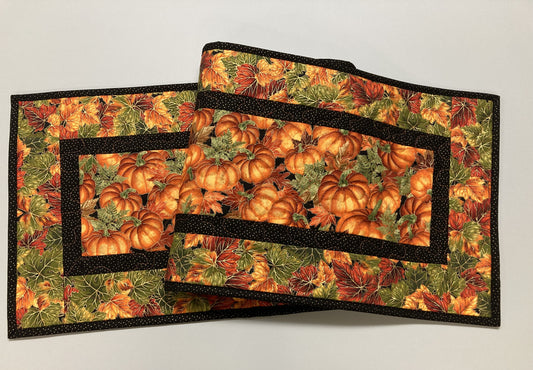 Pumpkins Dining Table Runner, Fall Autumn Leaves Quilted Handmade, Orange Green Gold Fall Table Decor, 13x48" Thanksgiving Holiday Winter