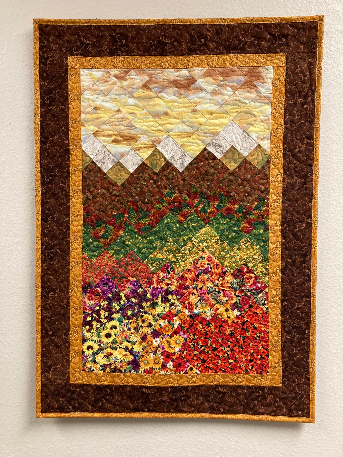 Fall Sunset Flowers Landscape Art Quilt, Tapestry 23x32", Fabric Wall Hanging, Small Vertical Mountain Snow Pine Trees Golden Green Autumn