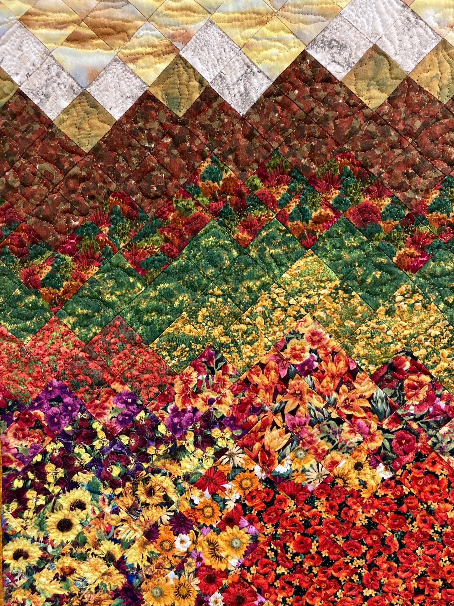 Fall Sunset Flowers Landscape Art Quilt, Tapestry 23x32", Fabric Wall Hanging, Small Vertical Mountain Snow Pine Trees Golden Green Autumn