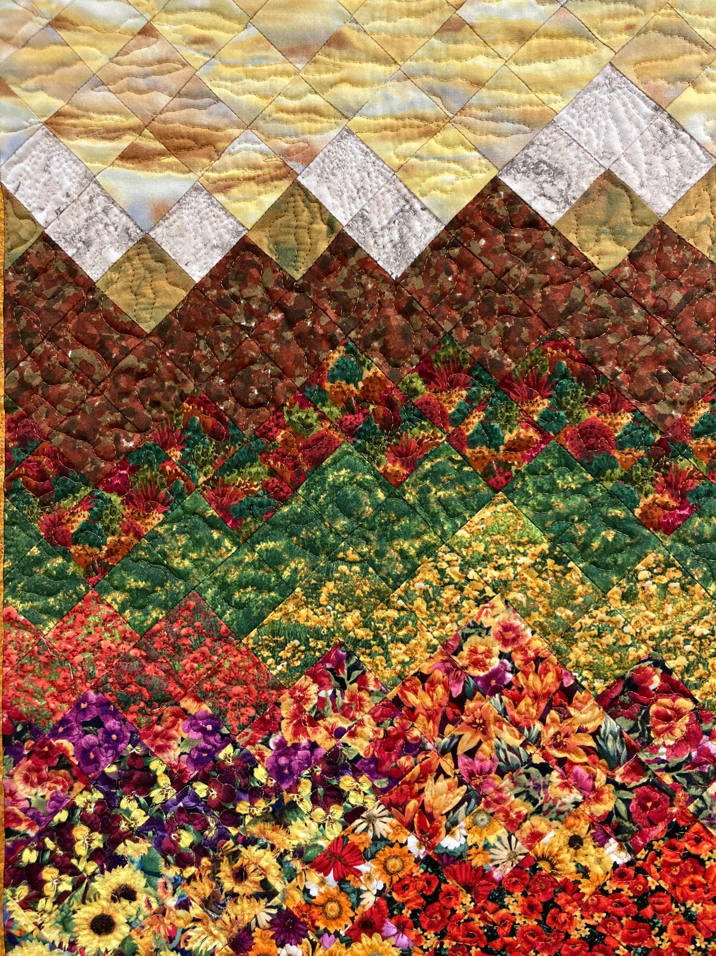 Fall Sunset Flowers Landscape Art Quilt, Tapestry 23x32", Fabric Wall Hanging, Small Vertical Mountain Snow Pine Trees Golden Green Autumn