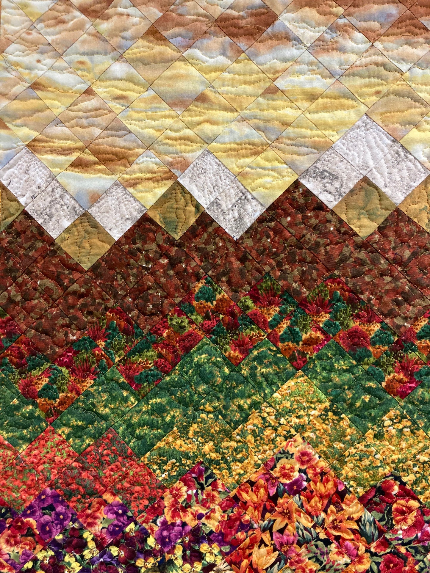 Fall Sunset Flowers Landscape Art Quilt, Tapestry 23x32", Fabric Wall Hanging, Small Vertical Mountain Snow Pine Trees Golden Green Autumn