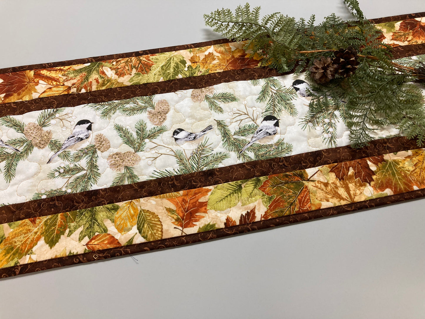 Mountain Chickadees Fall Leaves Pine Cones Quilted Table Runner, 13x48", Birds Autumn Dining Coffee Table, Everyday Reversible Nature Woods