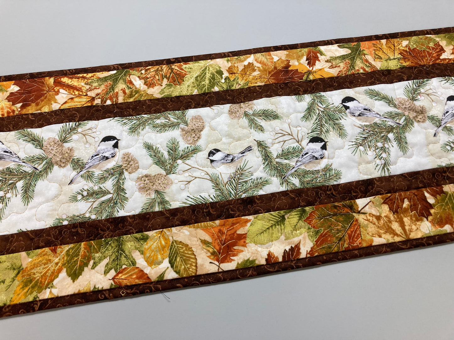 Mountain Chickadees Fall Leaves Pine Cones Quilted Table Runner, 13x48", Birds Autumn Dining Coffee Table, Everyday Reversible Nature Woods