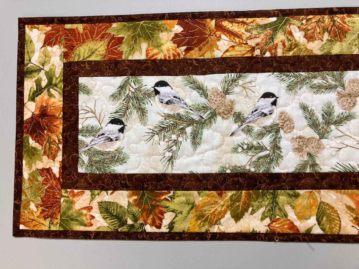 Mountain Chickadees Fall Leaves Pine Cones Quilted Table Runner, 13x48", Birds Autumn Dining Coffee Table, Everyday Reversible Nature Woods