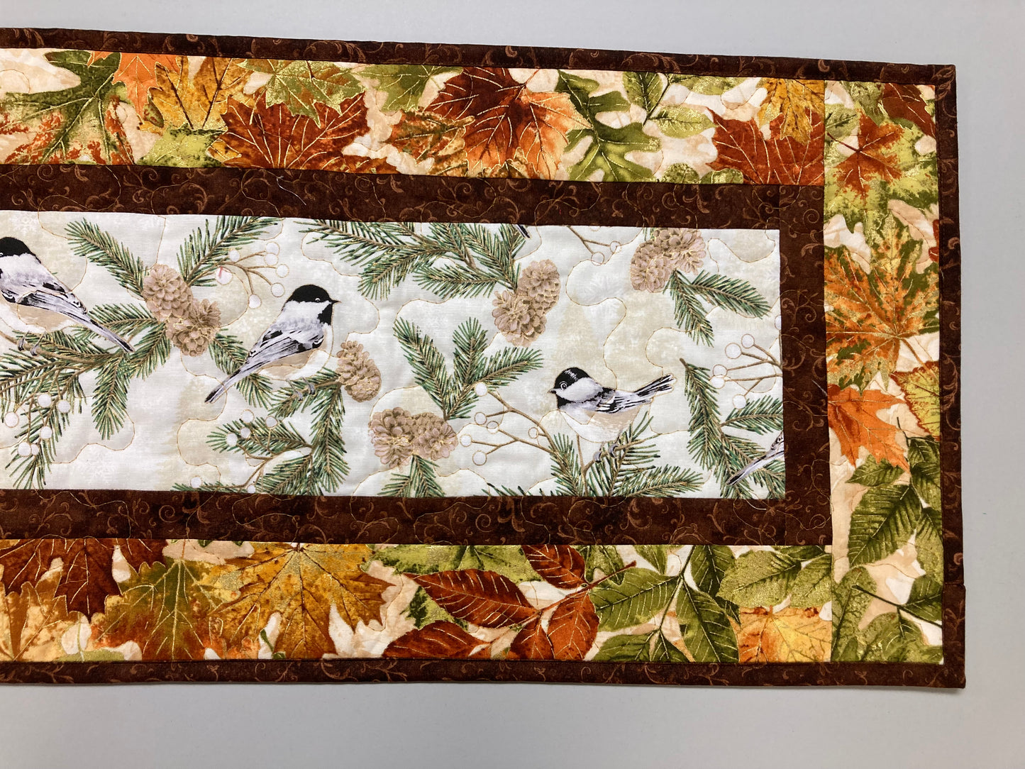 Mountain Chickadees Fall Leaves Pine Cones Quilted Table Runner, 13x48", Birds Autumn Dining Coffee Table, Everyday Reversible Nature Woods