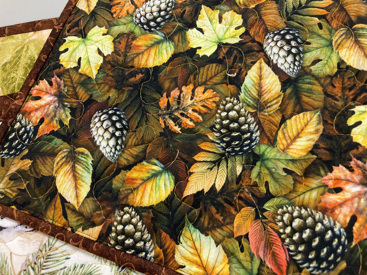 Mountain Chickadees Fall Leaves Pine Cones Quilted Table Runner, 13x48", Birds Autumn Dining Coffee Table, Everyday Reversible Nature Woods