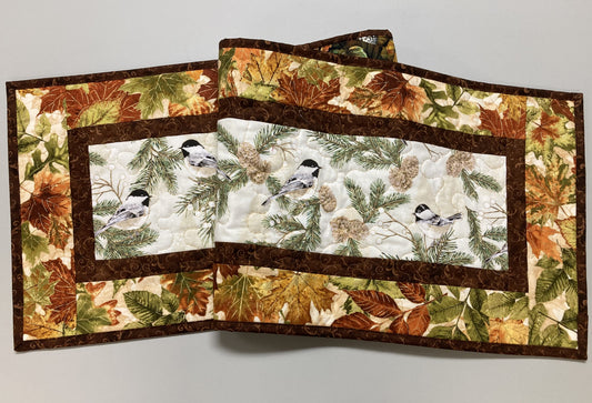 Mountain Chickadees Fall Leaves Pine Cones Quilted Table Runner, 13x48", Birds Autumn Dining Coffee Table, Everyday Reversible Nature Woods