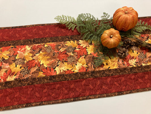 Quilted Fall Golden Brown Leaves Dining Table Runner, 13x48" Reversible Holiday Winter, Autumn Coffee End Table, Earth Tones Thanksgiving