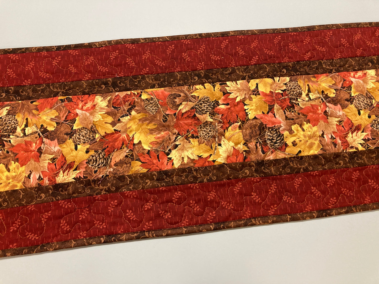 Quilted Fall Golden Brown Leaves Dining Table Runner, 13x48" Reversible Holiday Winter, Autumn Coffee End Table, Earth Tones Thanksgiving