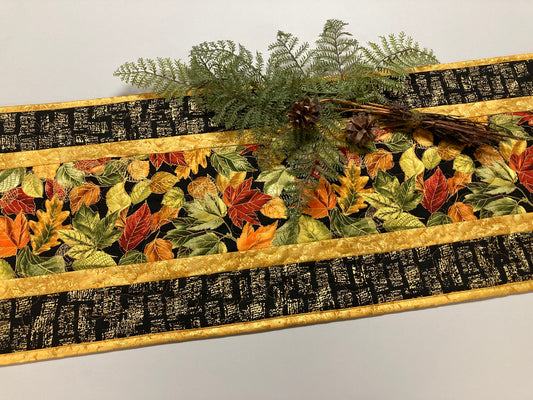 Quilted Fall Leaves Dining Table Runner, 13x48" Reversible Christmas Holiday Winter, Autumn Rust Gold Red Coffee End Table, Thanksgiving